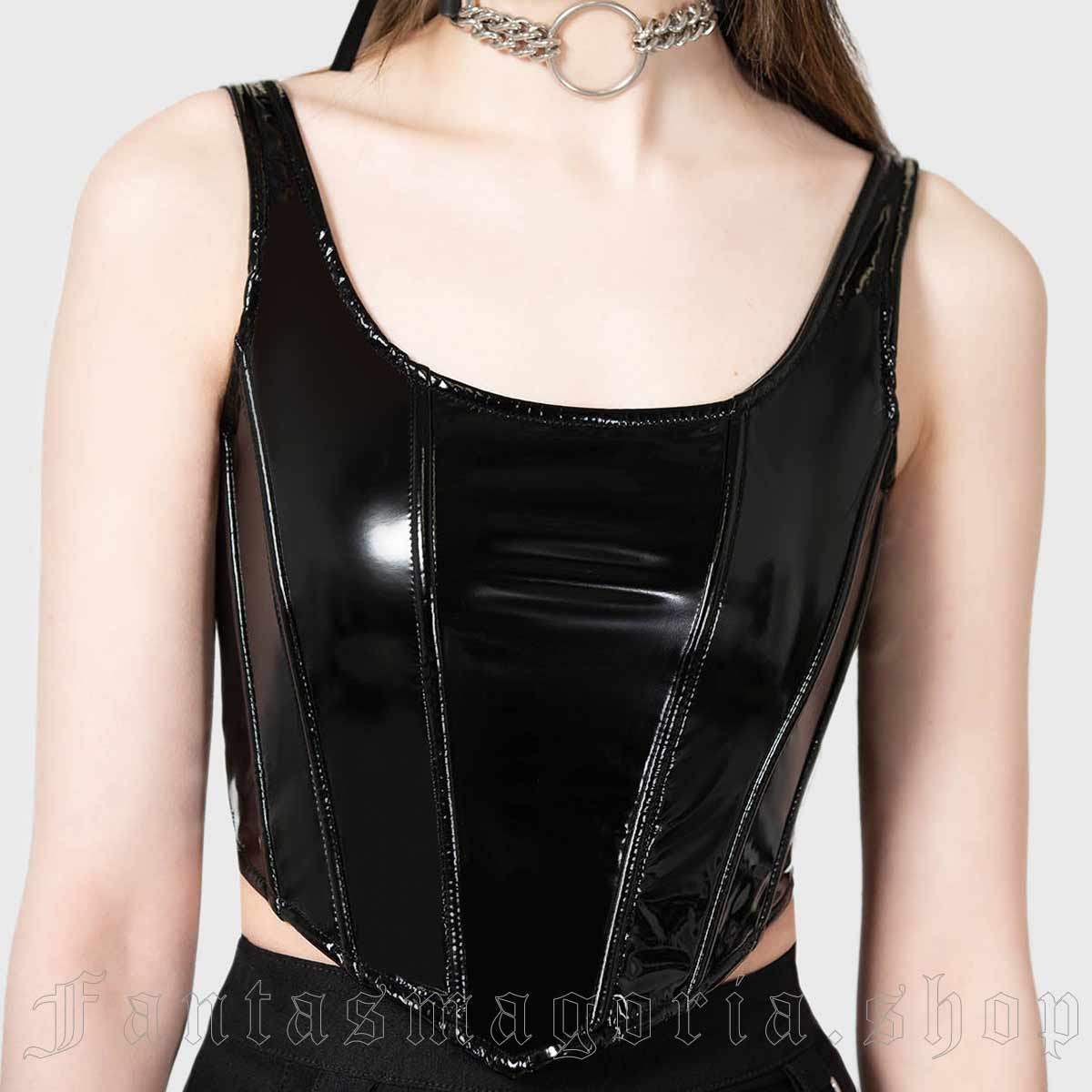 Grunge Gothic Faux Leather Corset Halter Top - Black / S