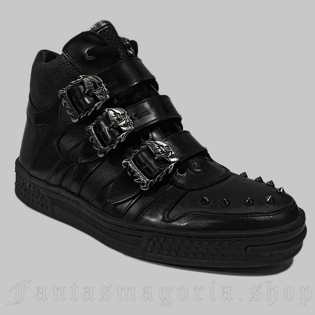 Women's Punk natural black leather three skull buckles high top sneakers. - New Rock - PSX01-R2