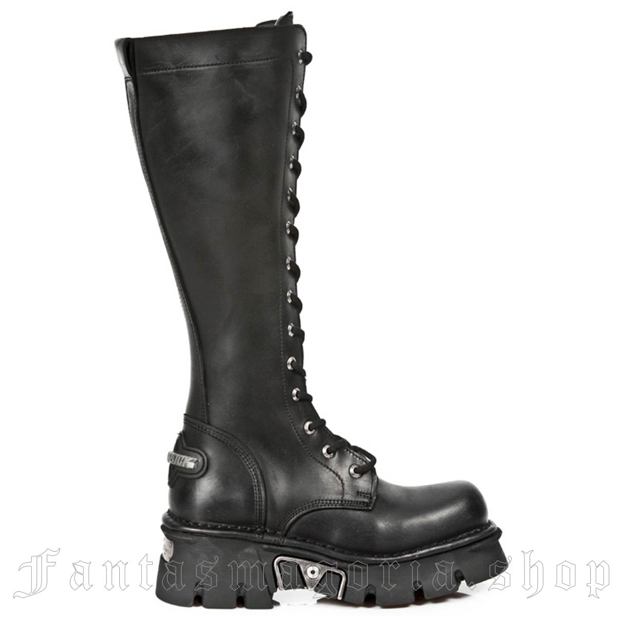 Punk chunky sole metallic detailing natural black leather lace-up zip-up knee-high combat boots. - New Rock - 235-S1