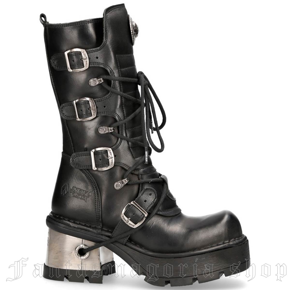 Punk chunky metallic heel black natural leather buckled combat boots. - New Rock - M-373-S33