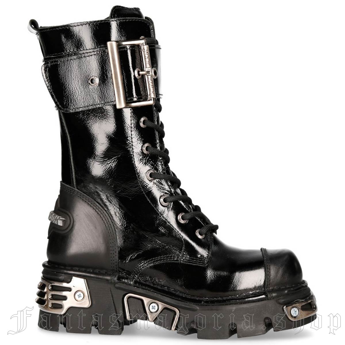 Punk black glossy natural leather chunky rubber sole metallic detail large buckle combat boots. - New Rock - M-312-S6