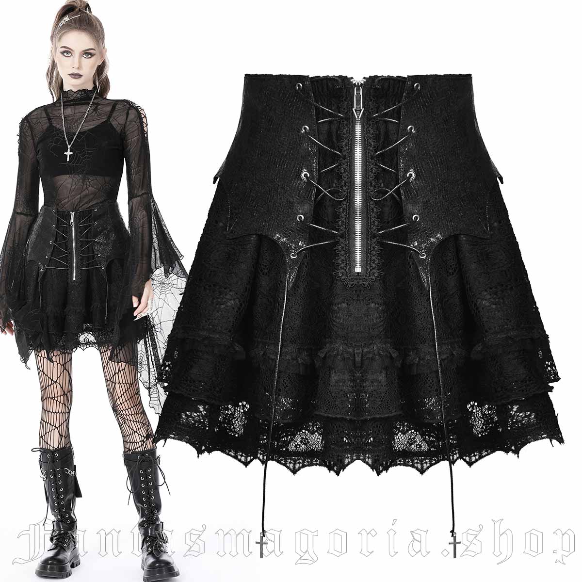 Women's black layered lace and faux leather batwing shape detail short flared skirt. - Dark in Love - KW258