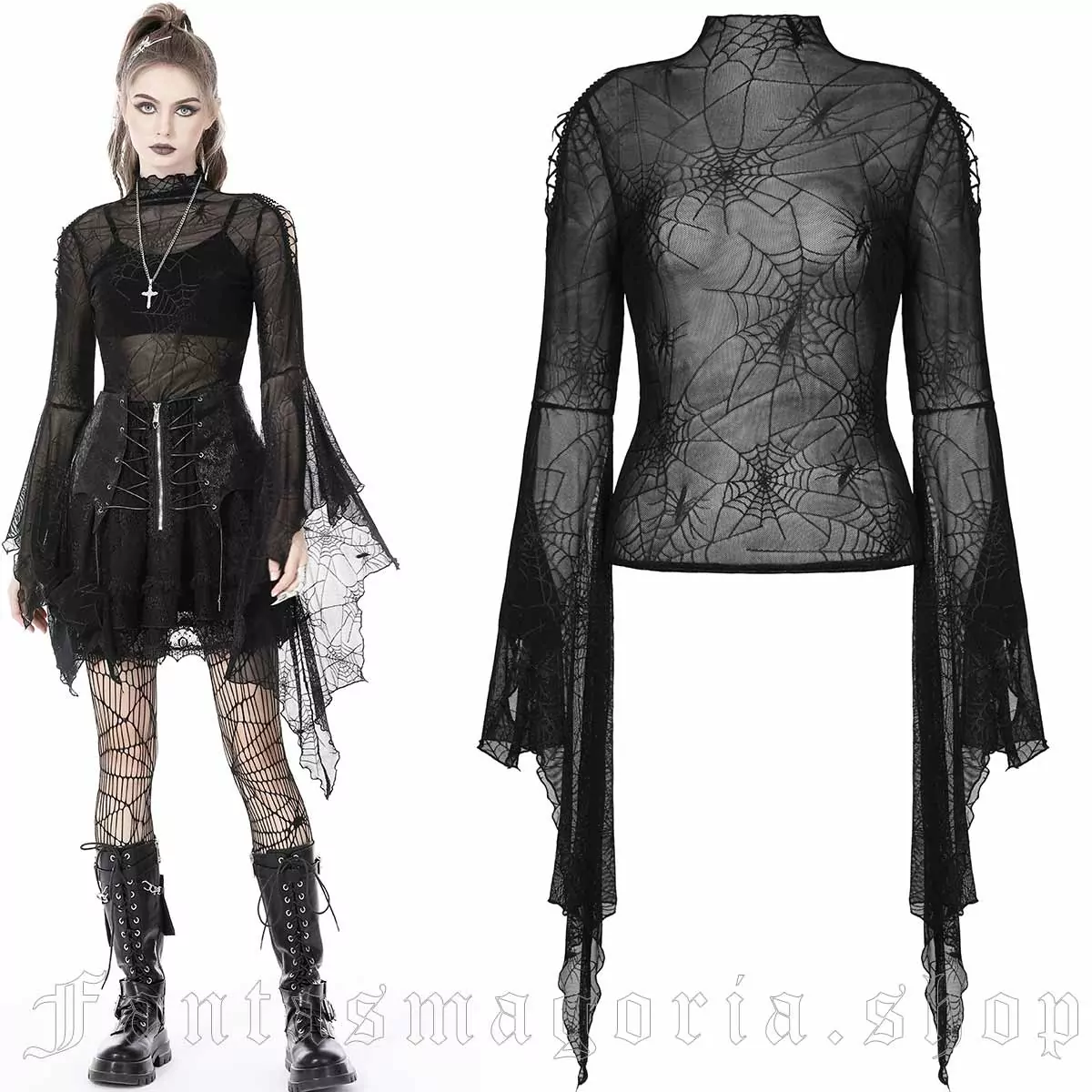 Women's Gothic black spiderweb mesh long flared sleeve top. - Dark in Love - TW453