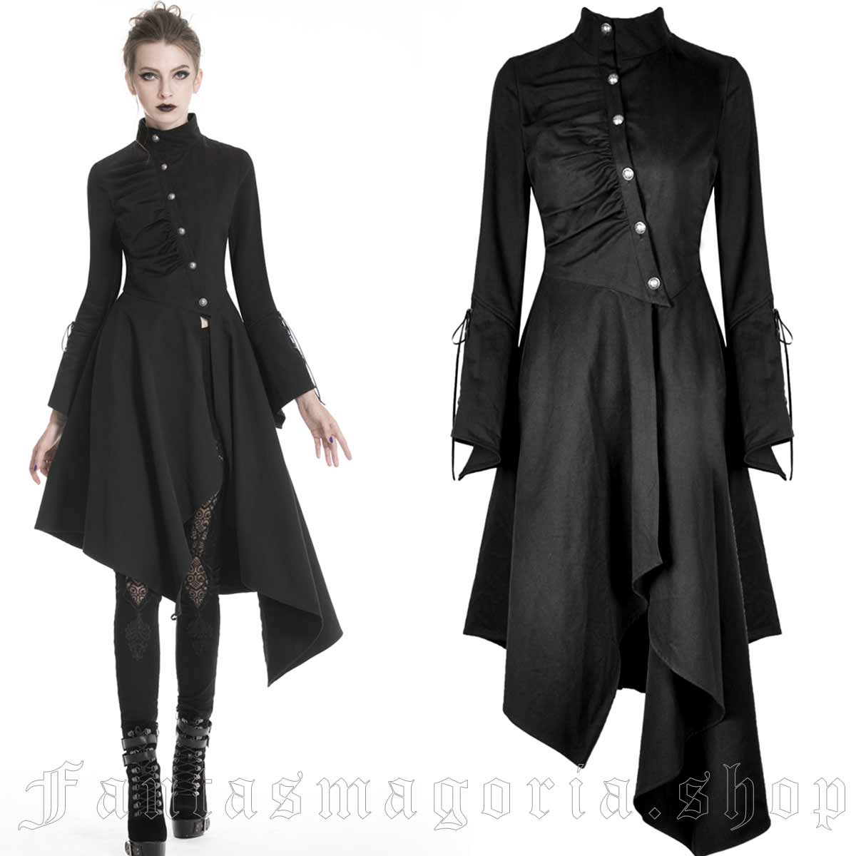 Women's Gothic asymmetric button-up long flared sleeve high neck hanky hem tunic dress top jacket. - Dark in Love - JW208