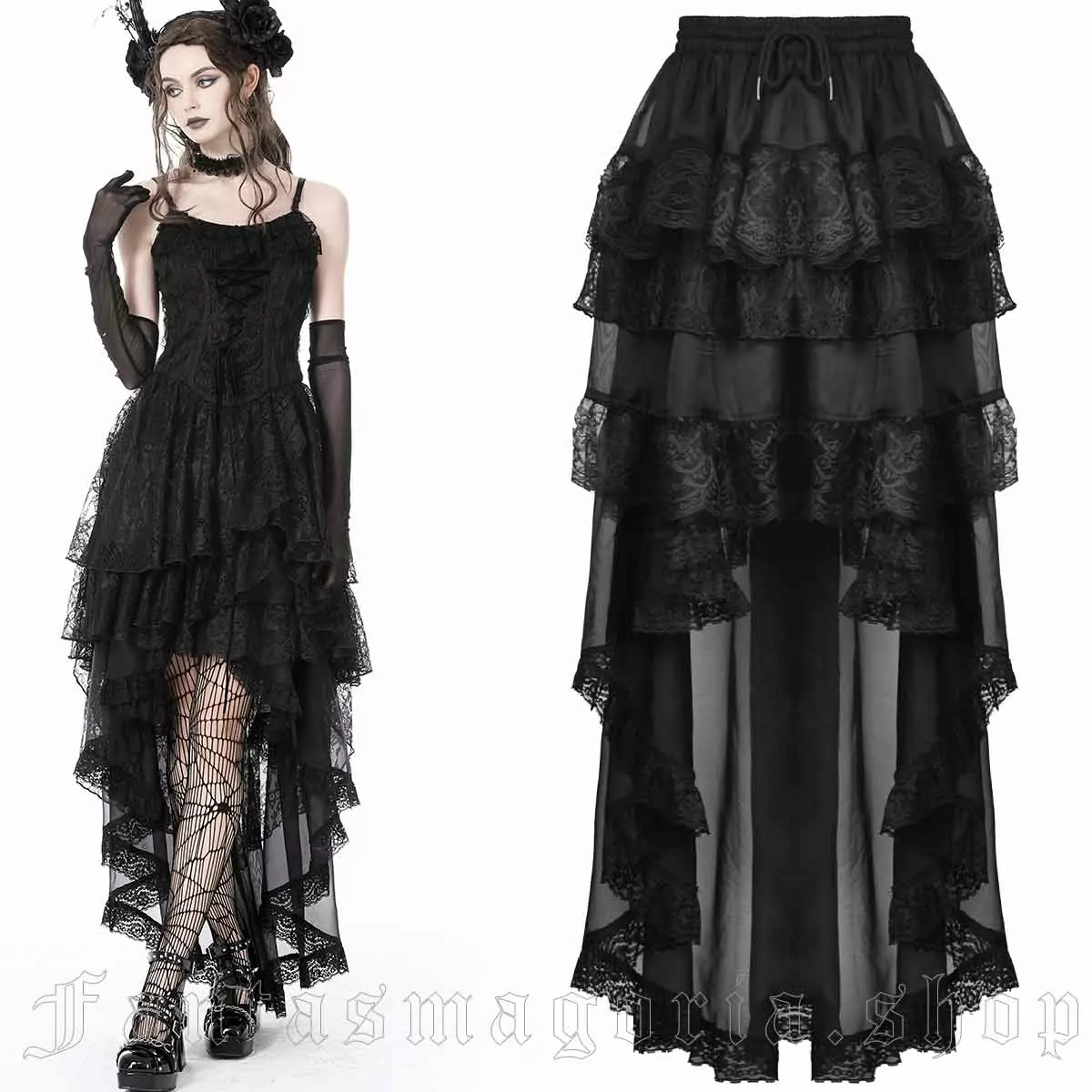 Women's Gothic high low black chiffon lace ruffle skirt. - Dark in Love - KW263
