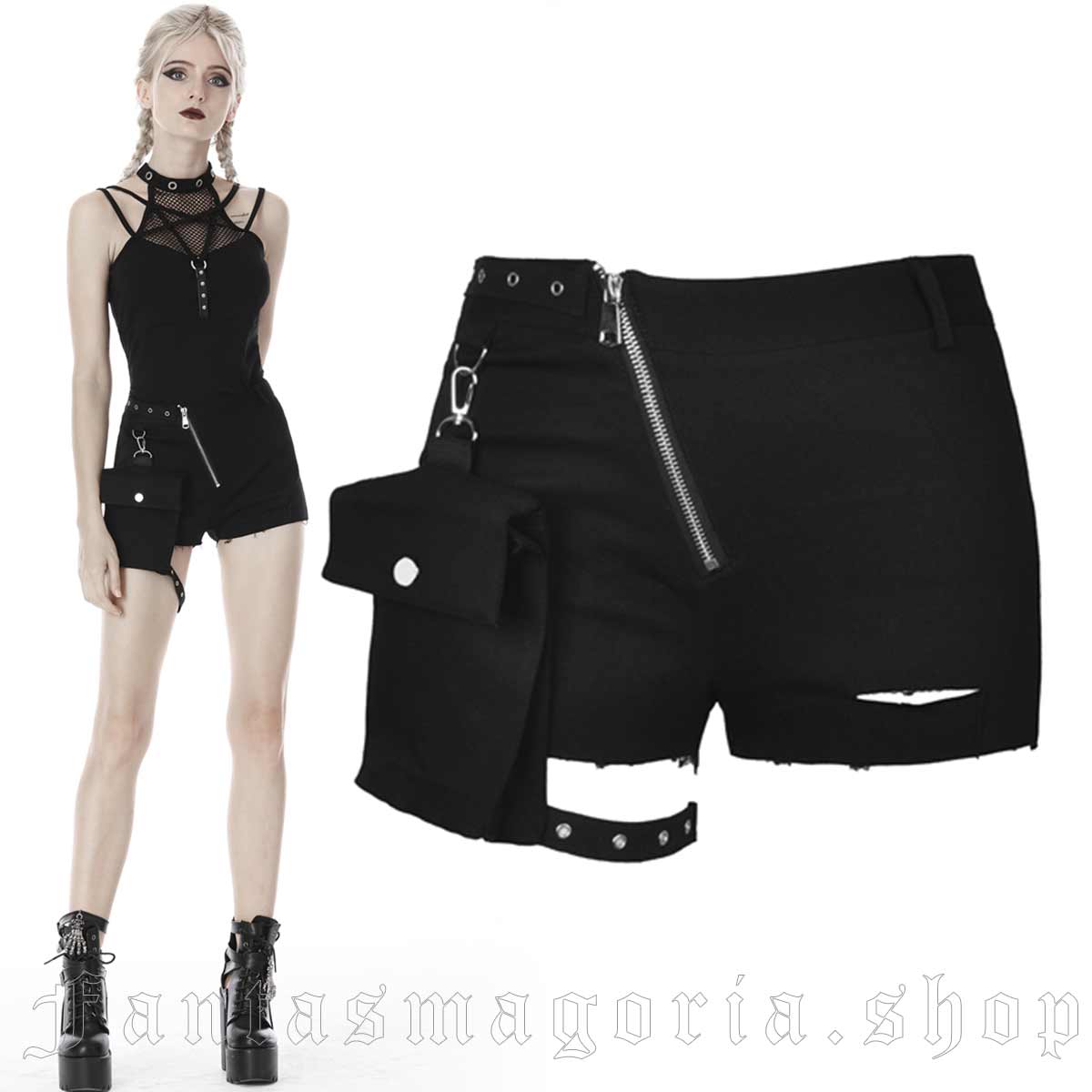 Women's techwear punk black raw edge detachable garter pocket black zip-up shorts. - Dark in Love - PW107