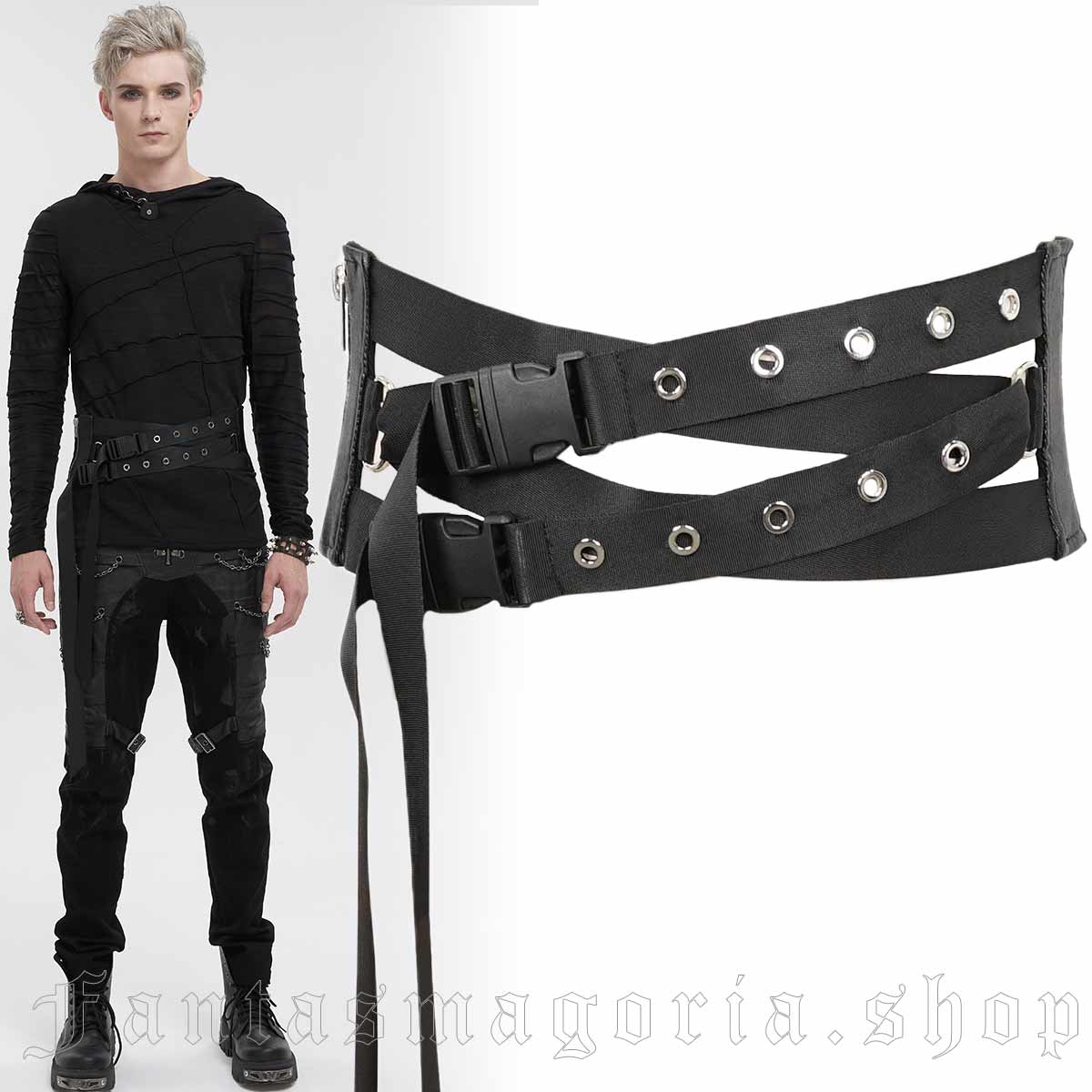 Men's techwear black multi-strap side release buckle wide lace-up back belt. - Devil Fashion - AS138