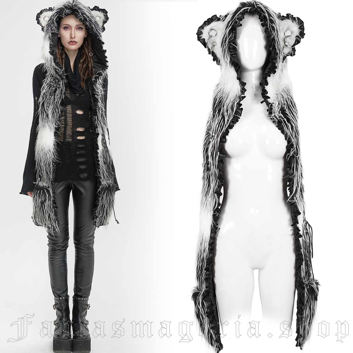 Cute Goth black and white long faux fur large hood bear ears scarf. - Devil Fashion - AS141