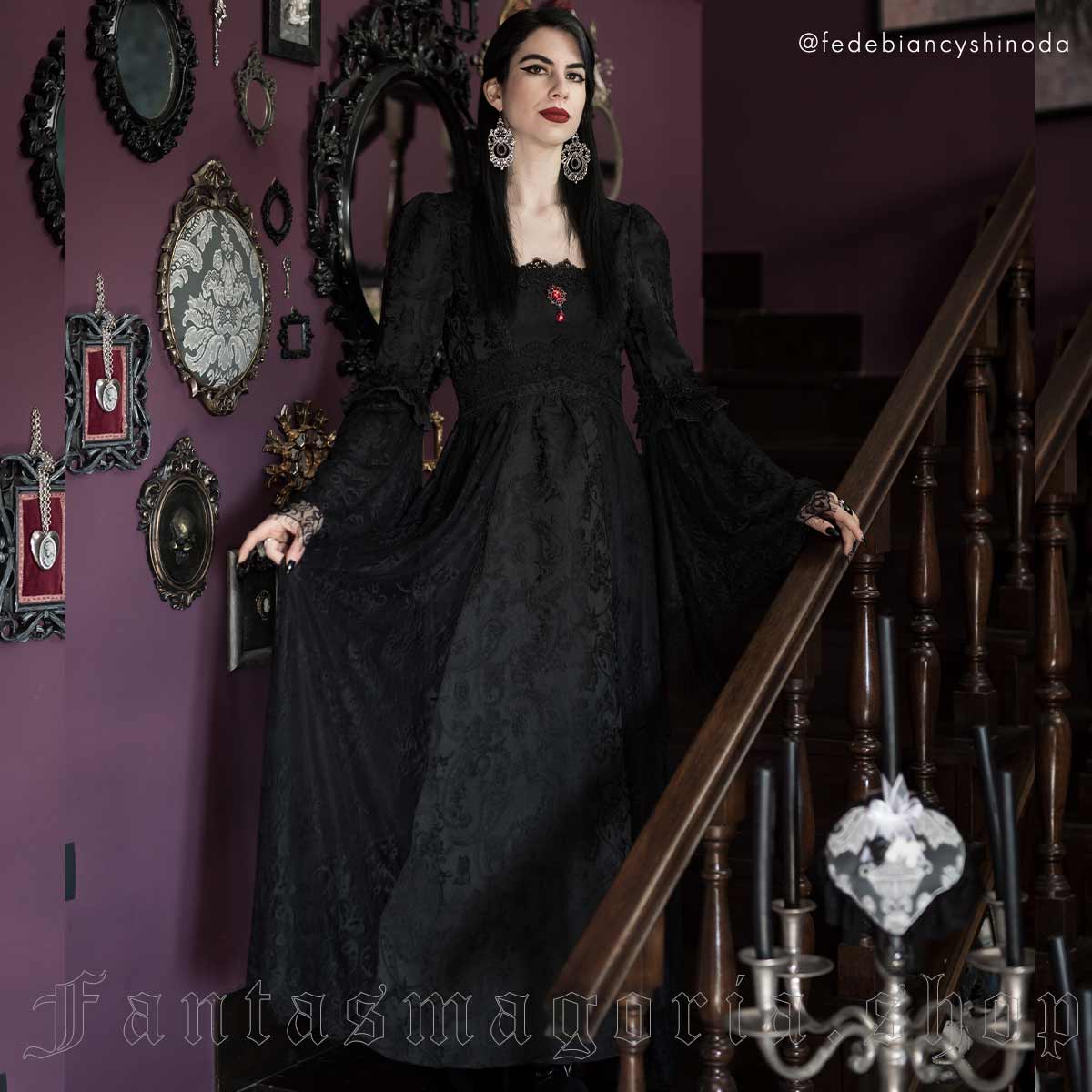 Victorian Gothic Long Black Brocade Dress. - Dark in Love - DW758