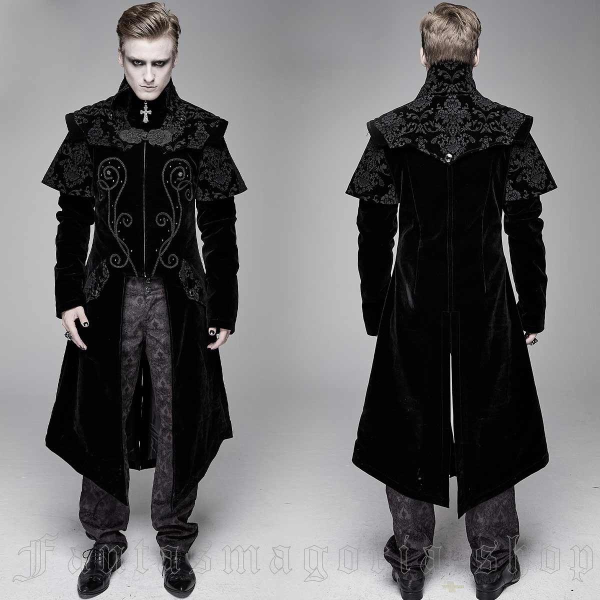 Men's Gothic black velvet ornate print accent long sleeve long zip-up jacket. - Devil Fashion - CT13401
