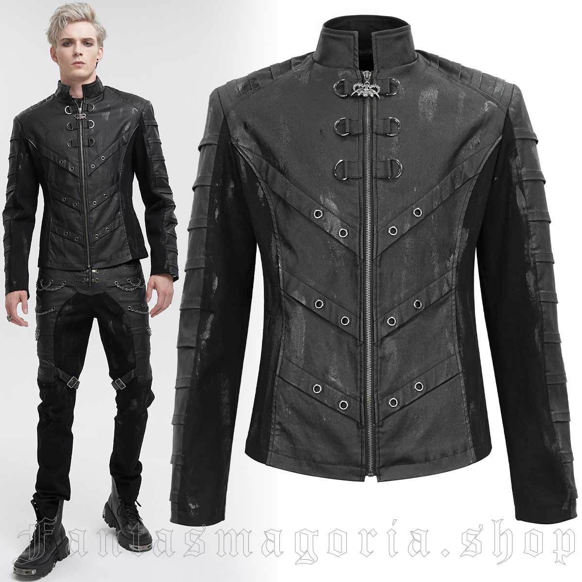 Men's Punk black coated denim plain denim short zip-up jacket. - Devil Fashion - CT200