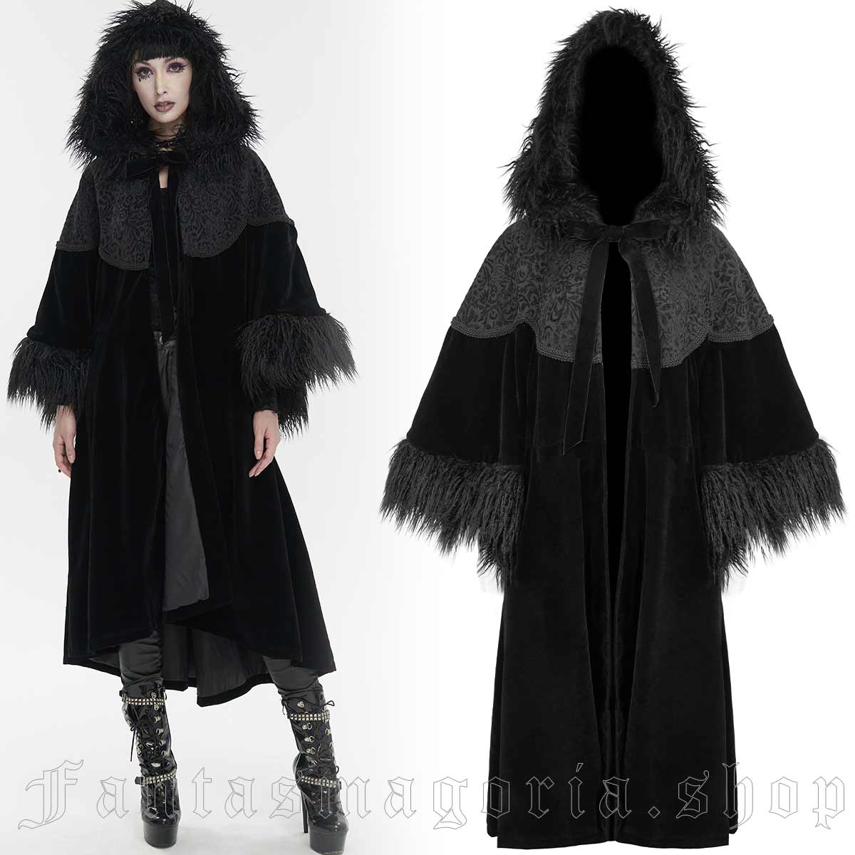 Womens Vintage Style Embroidered Faux Fur Hooded Cape Coat Winter Cloak  Jacket L