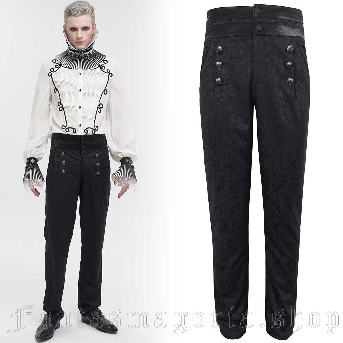 Men's classic Gothic black slim-fit wide waistband brocade trousers. - Devil Fashion - PT188