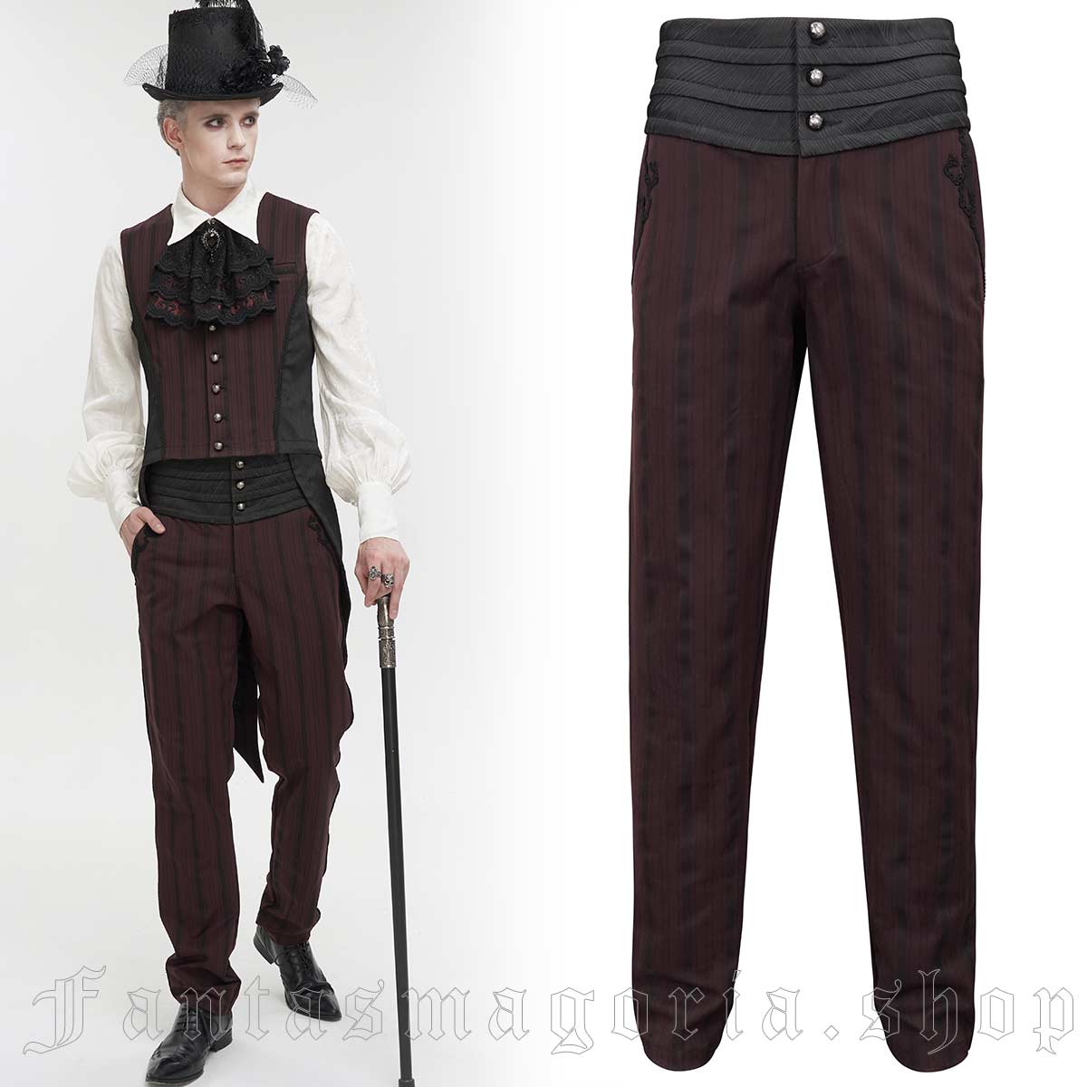 Men's Gothic classic black and burgundy striped slim-fit trousers. - Devil Fashion - PT18902