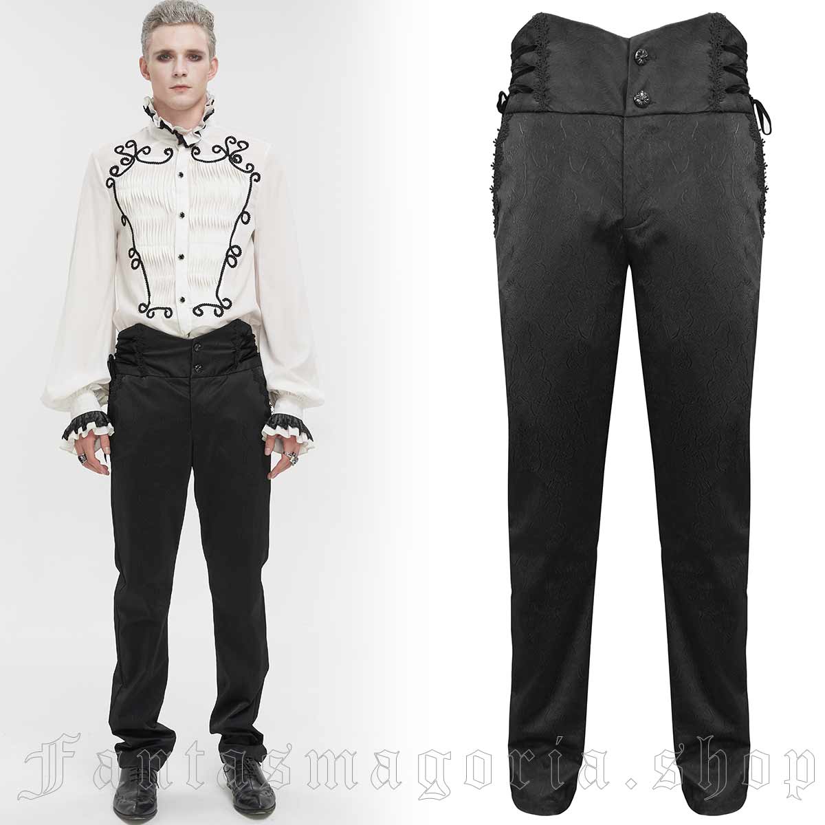 Men's classic Gothic black embossed ornamental fabric wide waistband trousers. - Devil Fashion - PT190