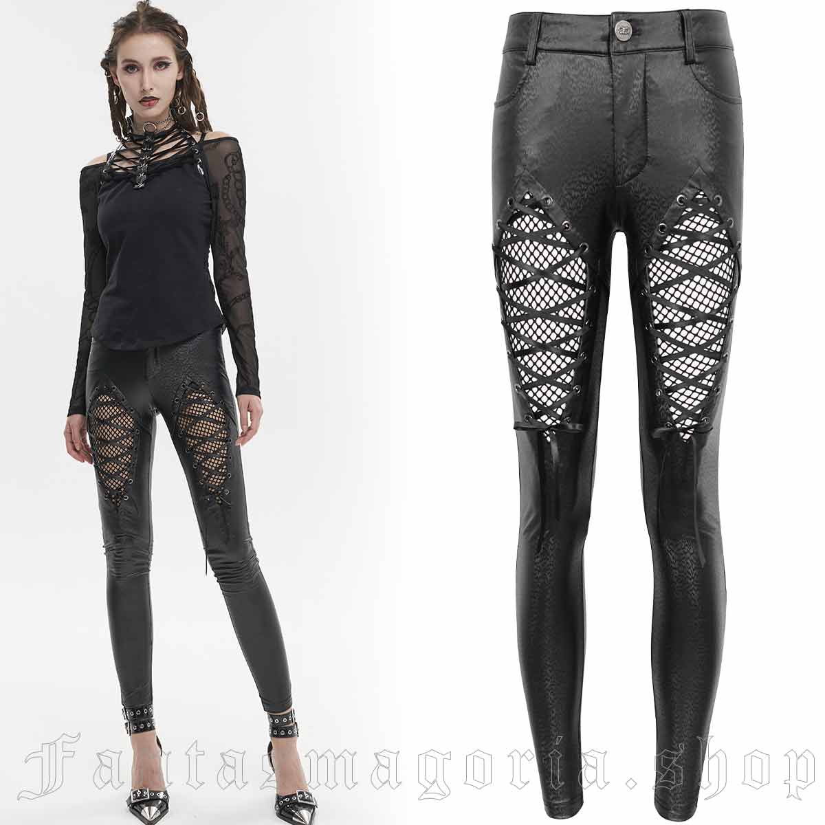 Women's Punk black leather imitation glitch pattern cut-out leg skinny fit trousers. - Devil Fashion - PT200