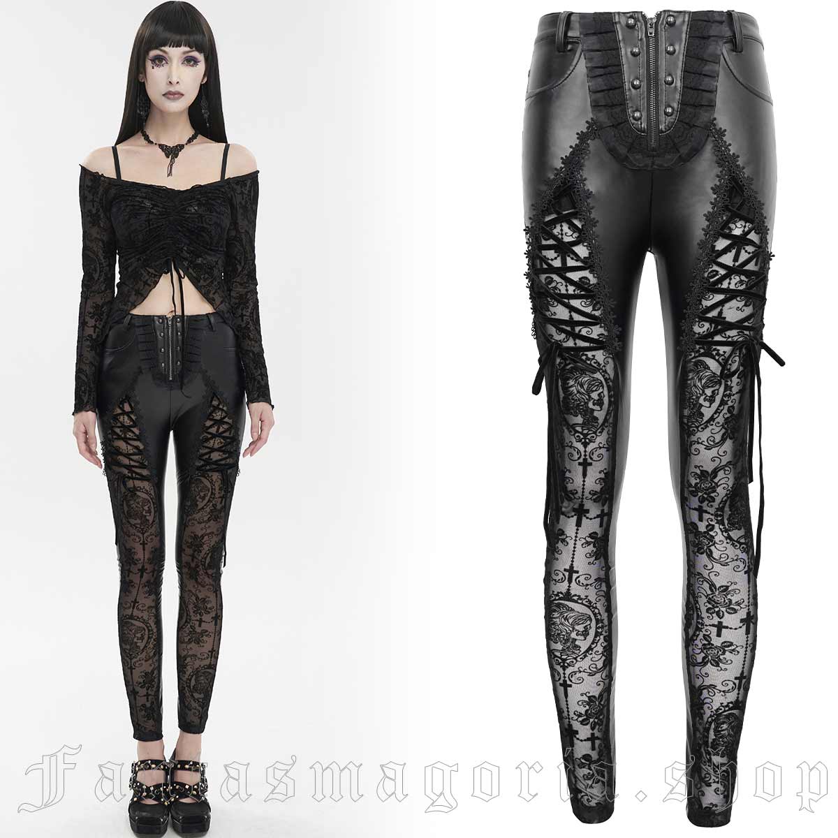 Women's Gothic black imitation leather sheer Gothic print mesh skinny fit trousers. - Devil Fashion - PT202