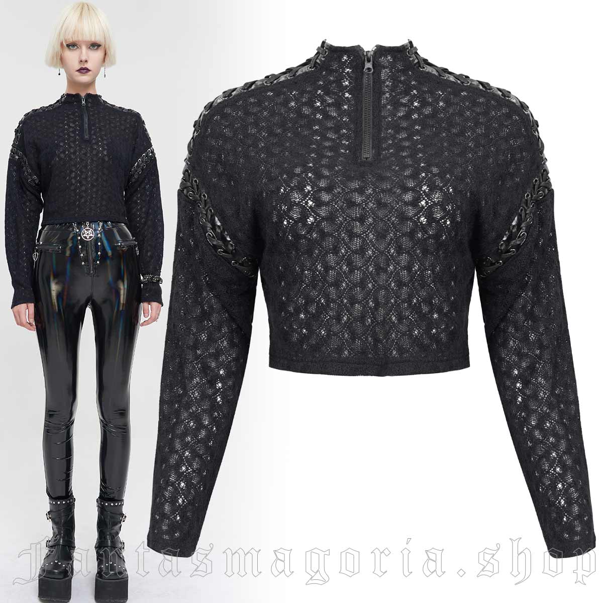 Women's Punk black knit semi-sheer dropped shoulder long sleeve high neck top. - Devil Fashion - SR011
