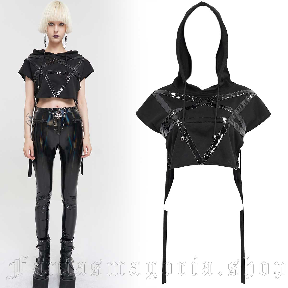 Women's Punk black glossy pentagram short sleeve hooded cropped front top. - Devil Fashion - TT216