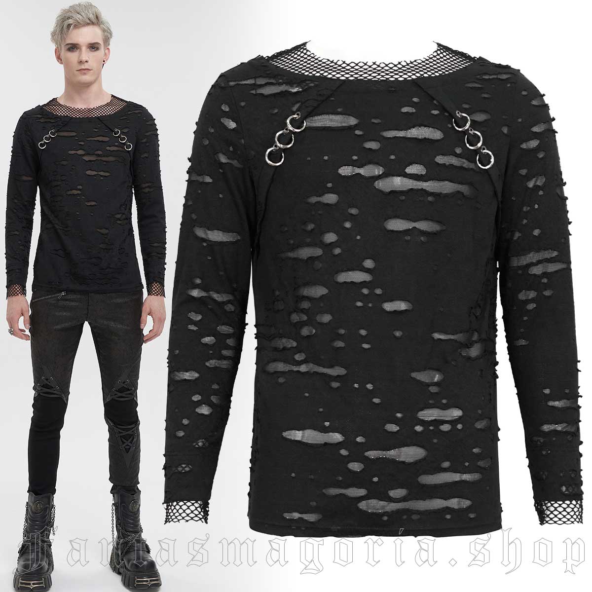 Men's Punk black long-sleeve distressed jersey and mesh fitted top. - Devil Fashion - TT227