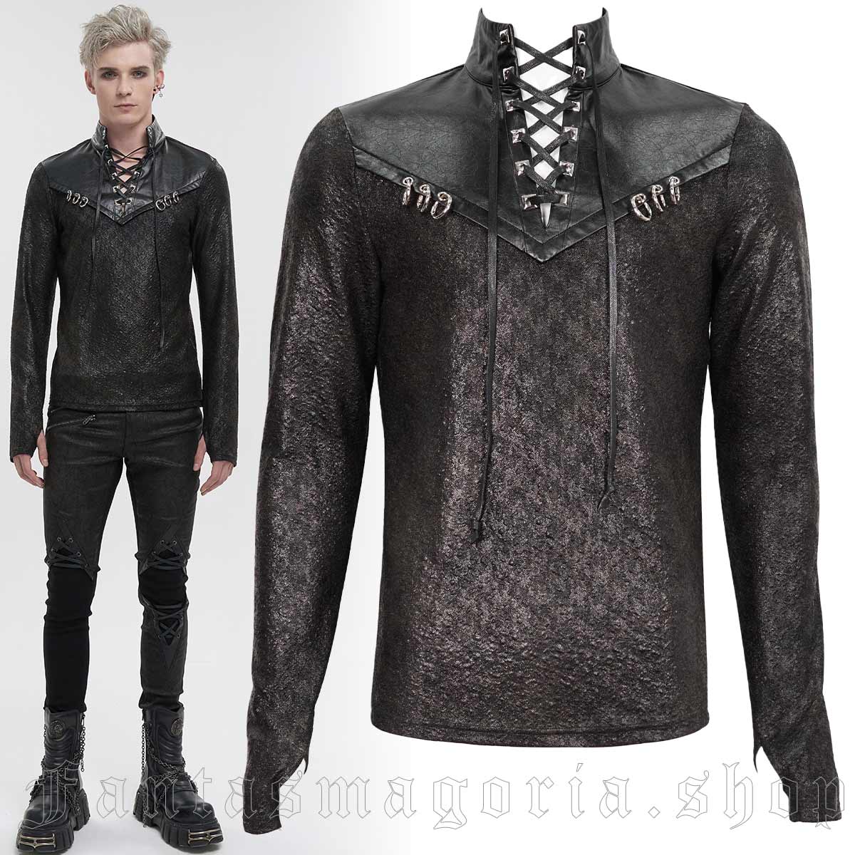 Men's Punk black textured knit long sleeve faux leather detail slim fit top. - Devil Fashion - TT228