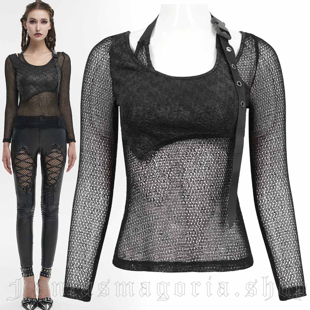 Women's Punk black mesh asymmetric front long-sleeve fitted top. - Devil Fashion - TT232