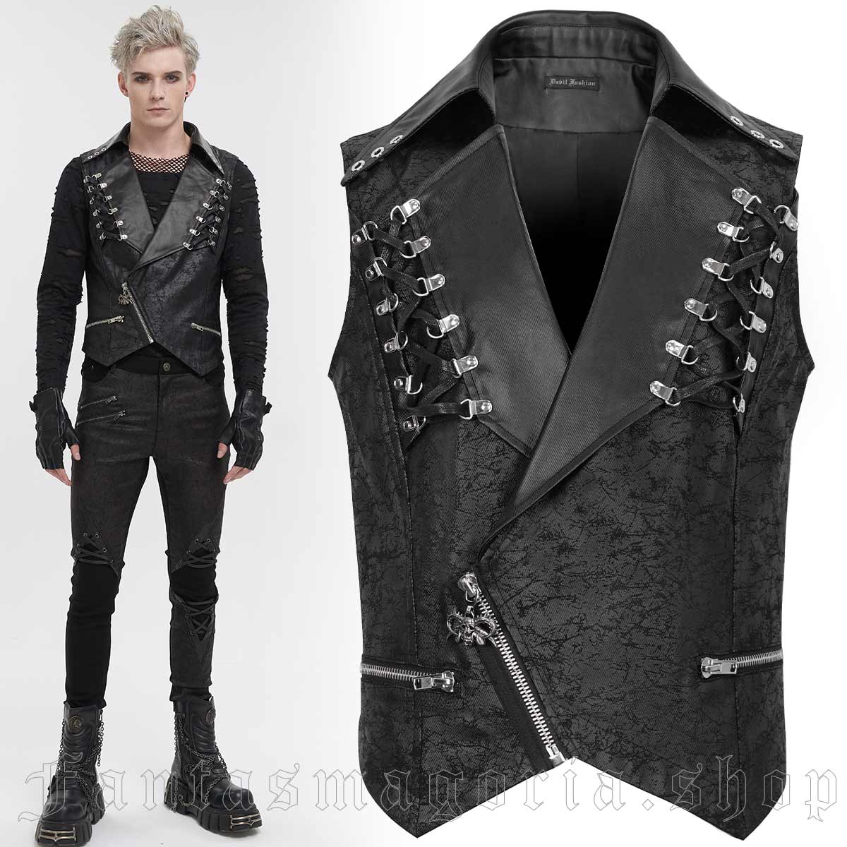 Men's Punk black coated cotton biker zip-up lace-up detail vest. - Devil Fashion - WT073