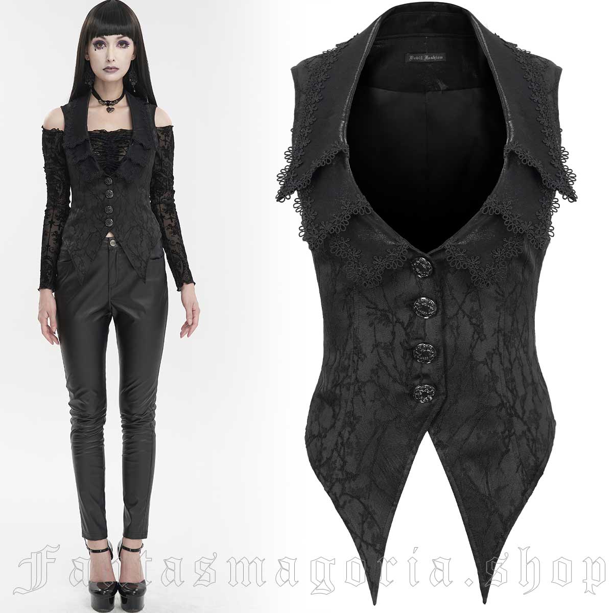 Women's Romantic gothic black pointed hem, deep neckline button-up waistcoat. - Devil Fashion - WT074