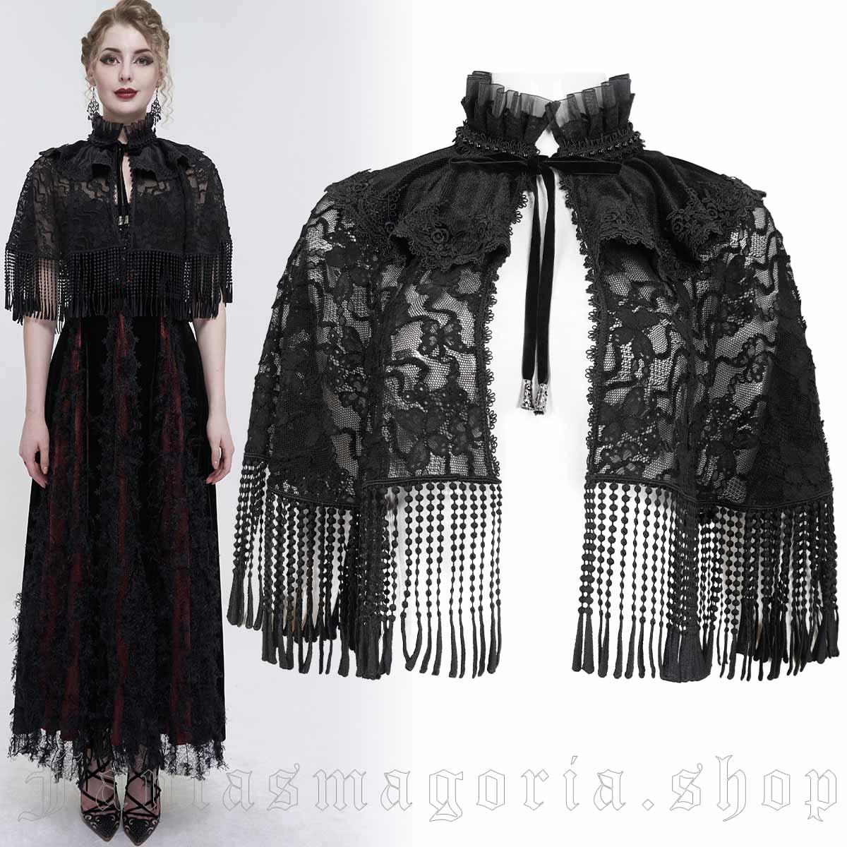 Women's Gothic black lace fringe trim high neck tie-up capelet. - Eva Lady - ECA010