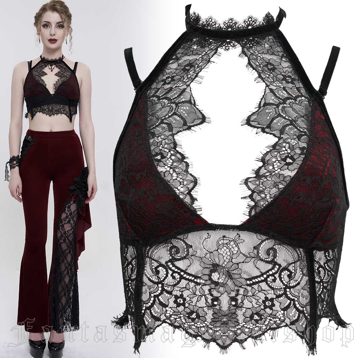 Women's Gothic red velvet black lace overlay halterneck bralet crop top. - Eva Lady - ECST005