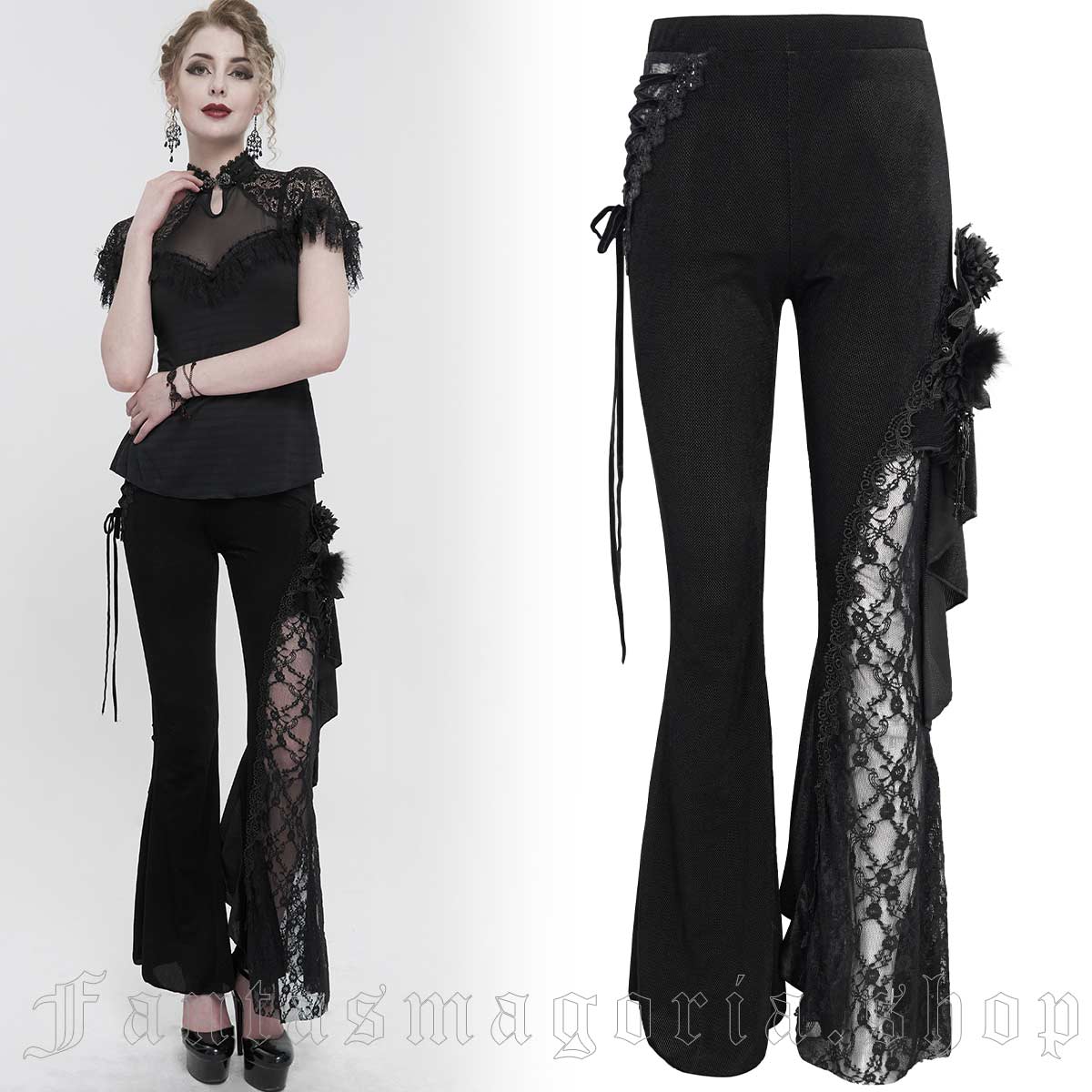 Women's Gothic black asymmetrical lace and ruffle leg design flared trousers. - Eva Lady - EPT01101
