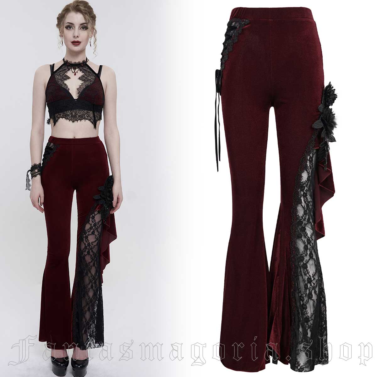 Women's Gothic red asymmetrical lace and ruffle leg design flared trousers. - Eva Lady - EPT01102