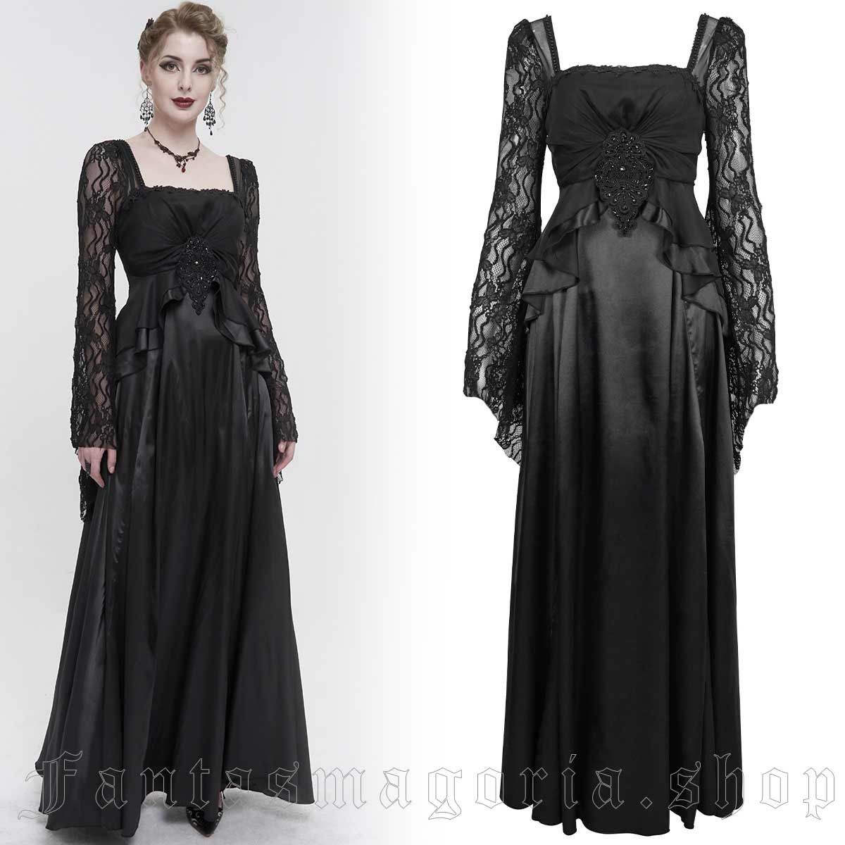 Women's Gothic black satin long flared lace sleeve peplum waist detail square neckline long dress. - Eva Lady - ESKT03701