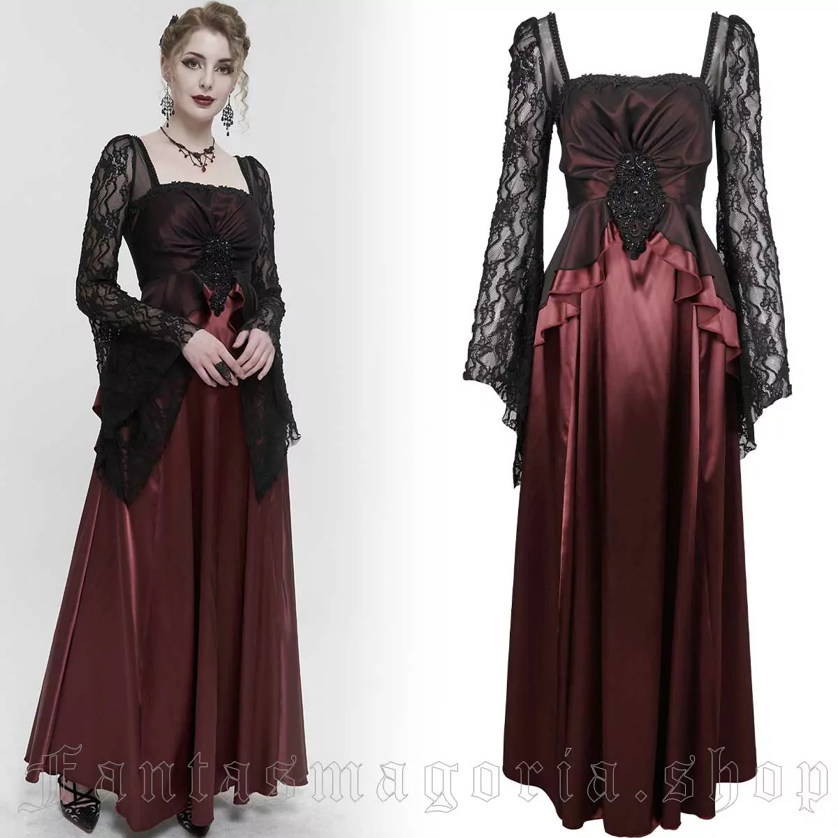 Women's Gothic red satin long flared black lace sleeve peplum waist detail square neckline long dress. - Eva Lady - ESKT03702