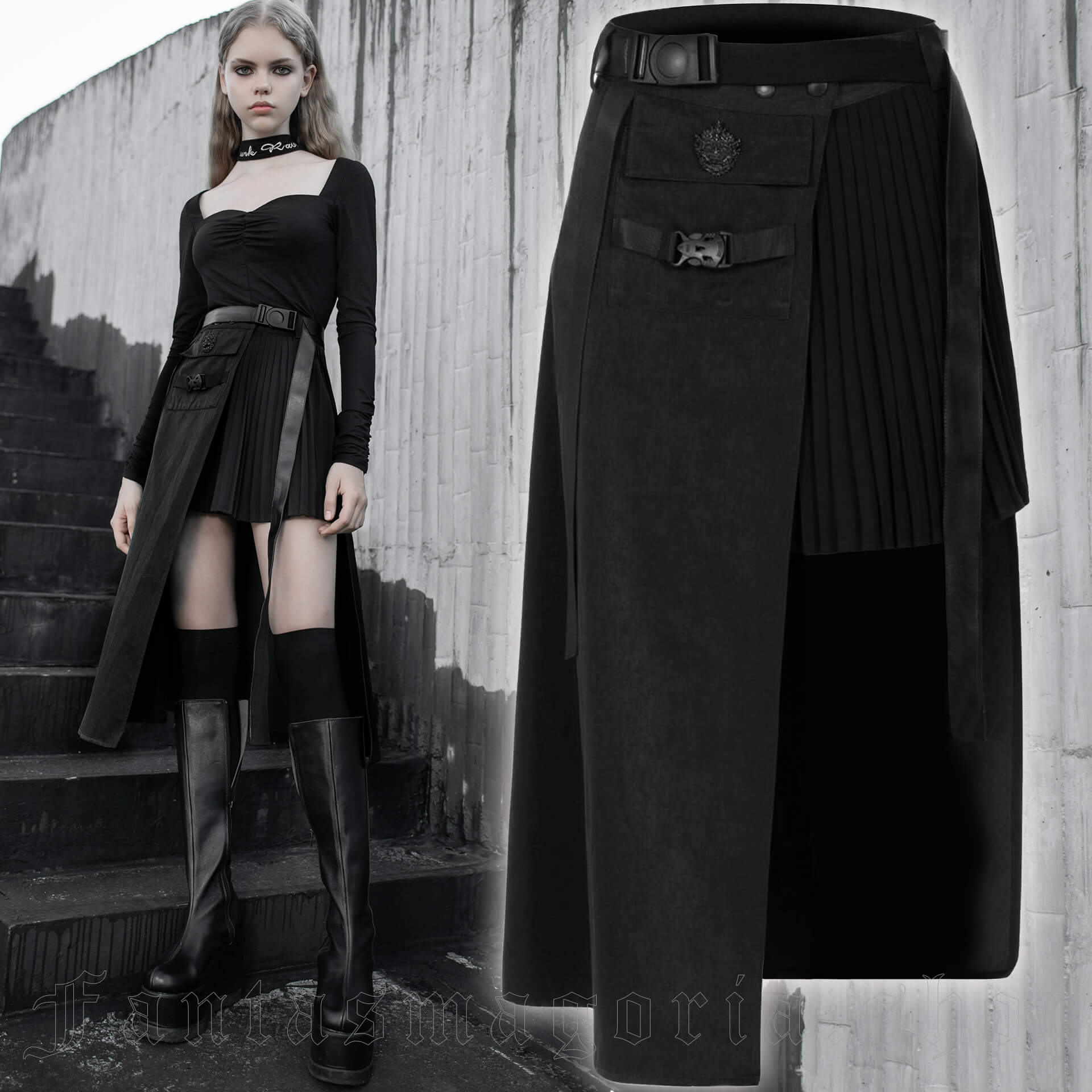 Nu Goth Soft Grunge long pleated black skirt by Punk Rave