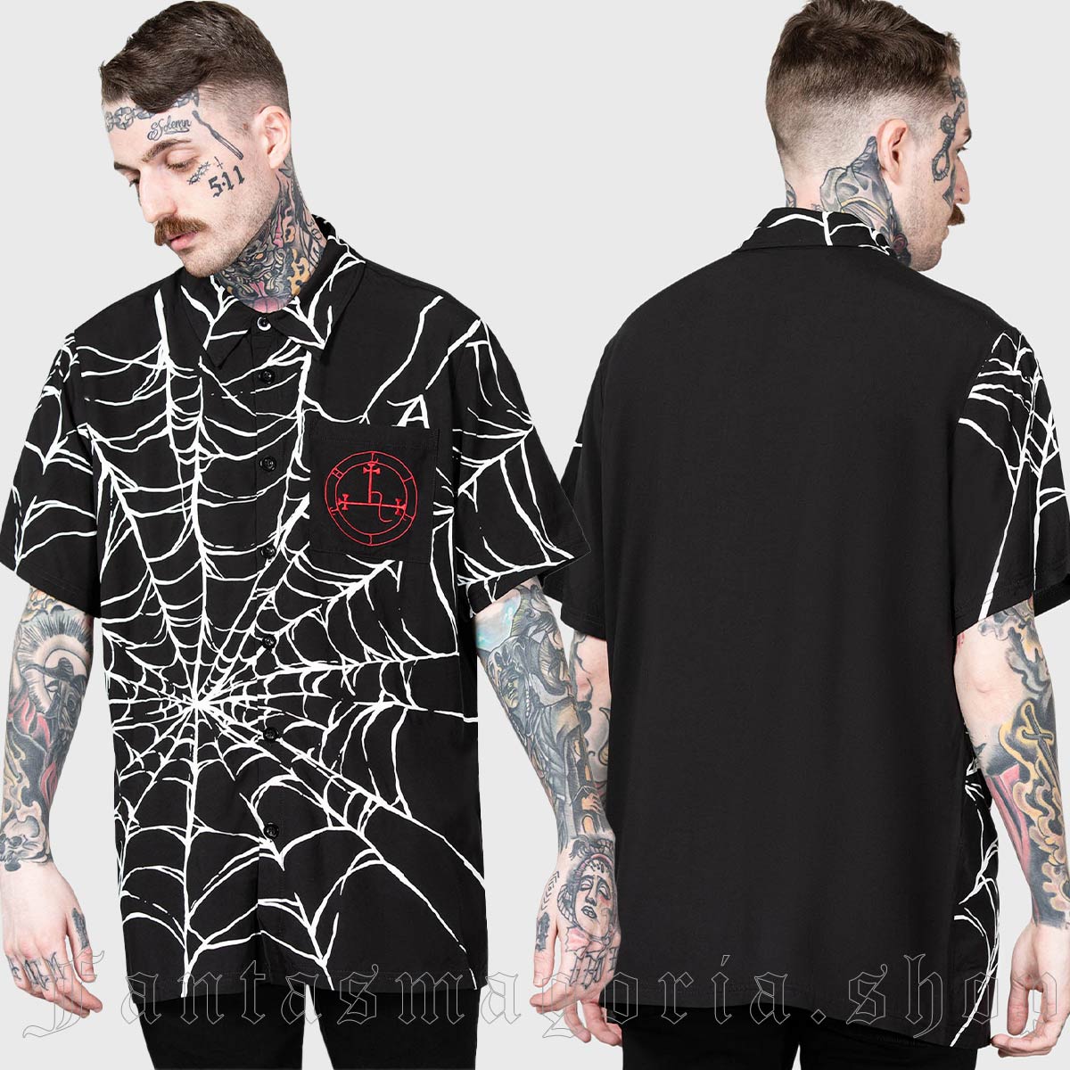 Men's Punk black spiderweb print regular fit short sleeve shirt. Killstar KSRA008366