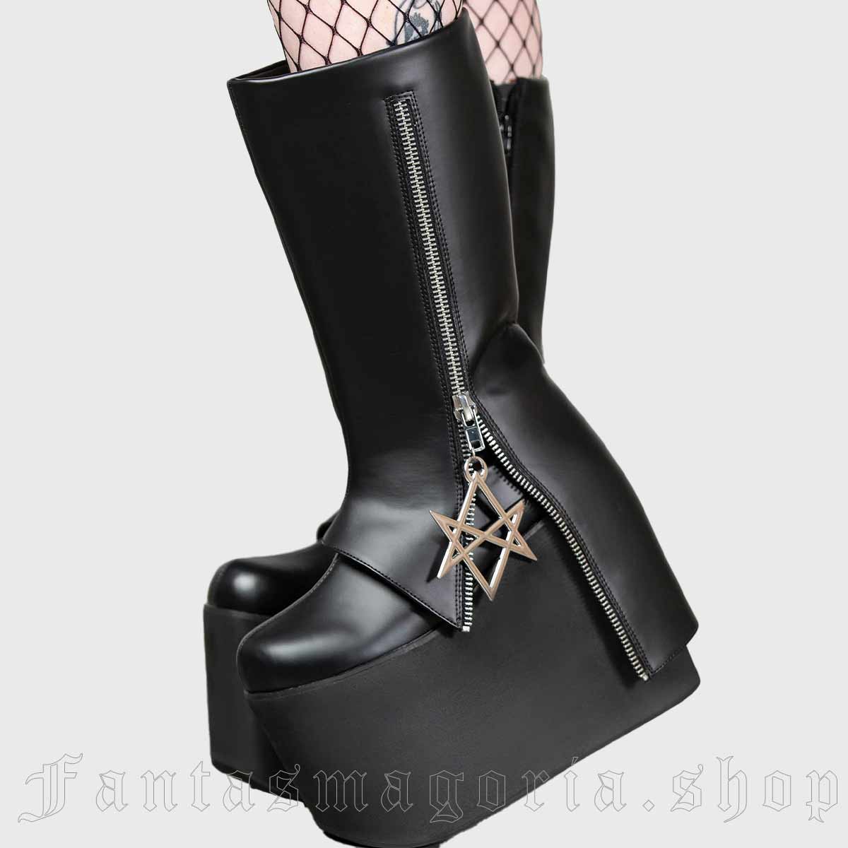 Women's Gothic black faux leather high platform overlay panel zipper detail hexagram boots. Killstar KSRA008456