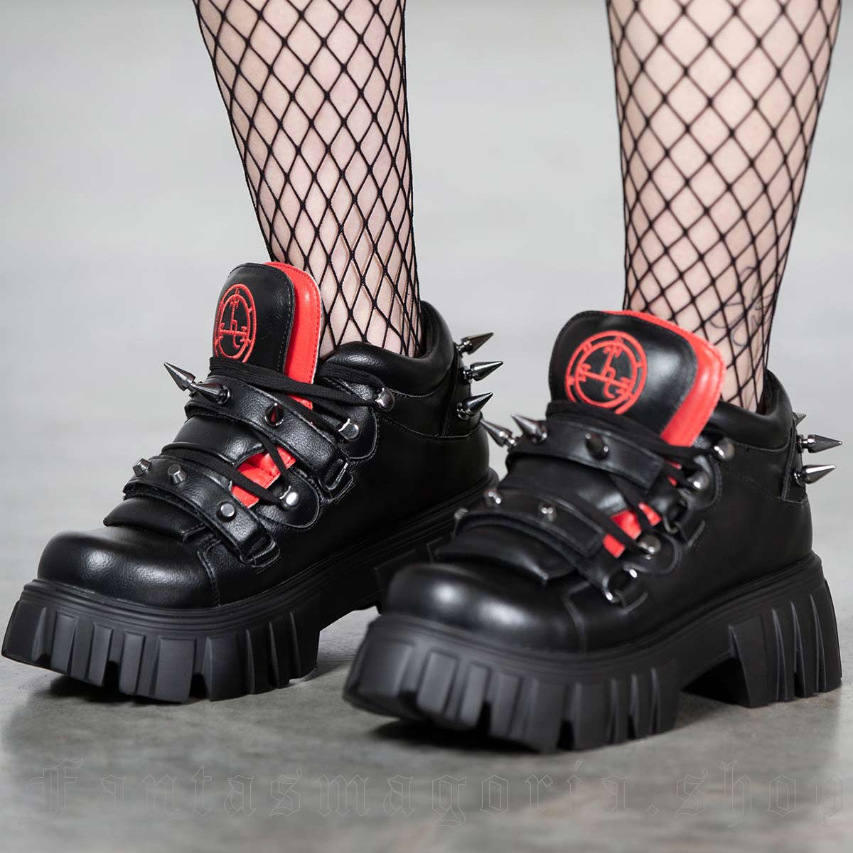 Punk black faux leather chunky lace-up spikes Lilith sigil embroidery sneakers. Killstar KSRA008329
