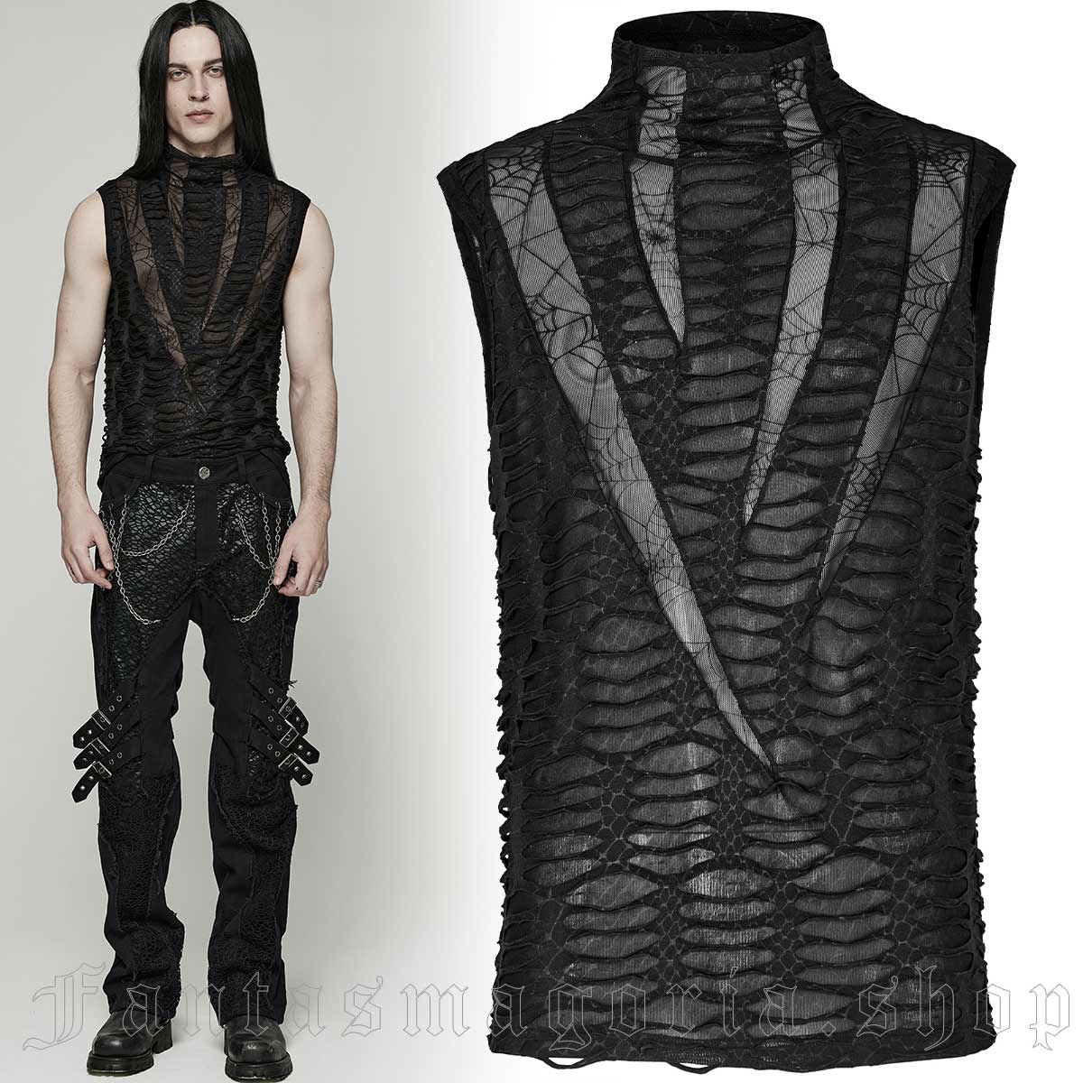 Men's Punk black distressed fabric spiderweb pattern mesh accent sleeveless high neck top. - Punk Rave - WT-777/BK