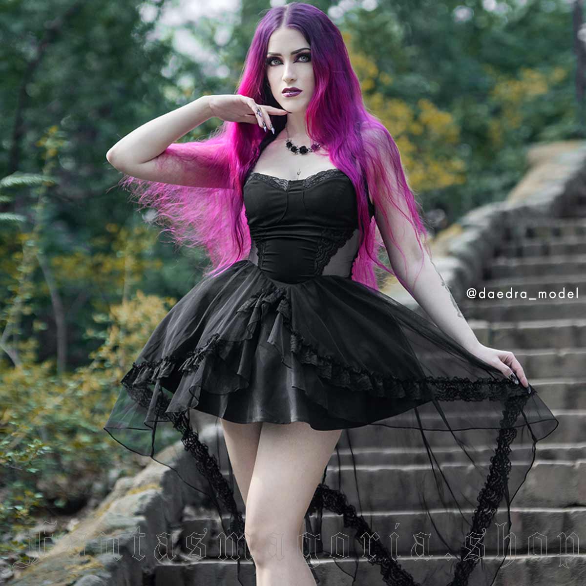 Romantic Gothic black high-low hem dress.