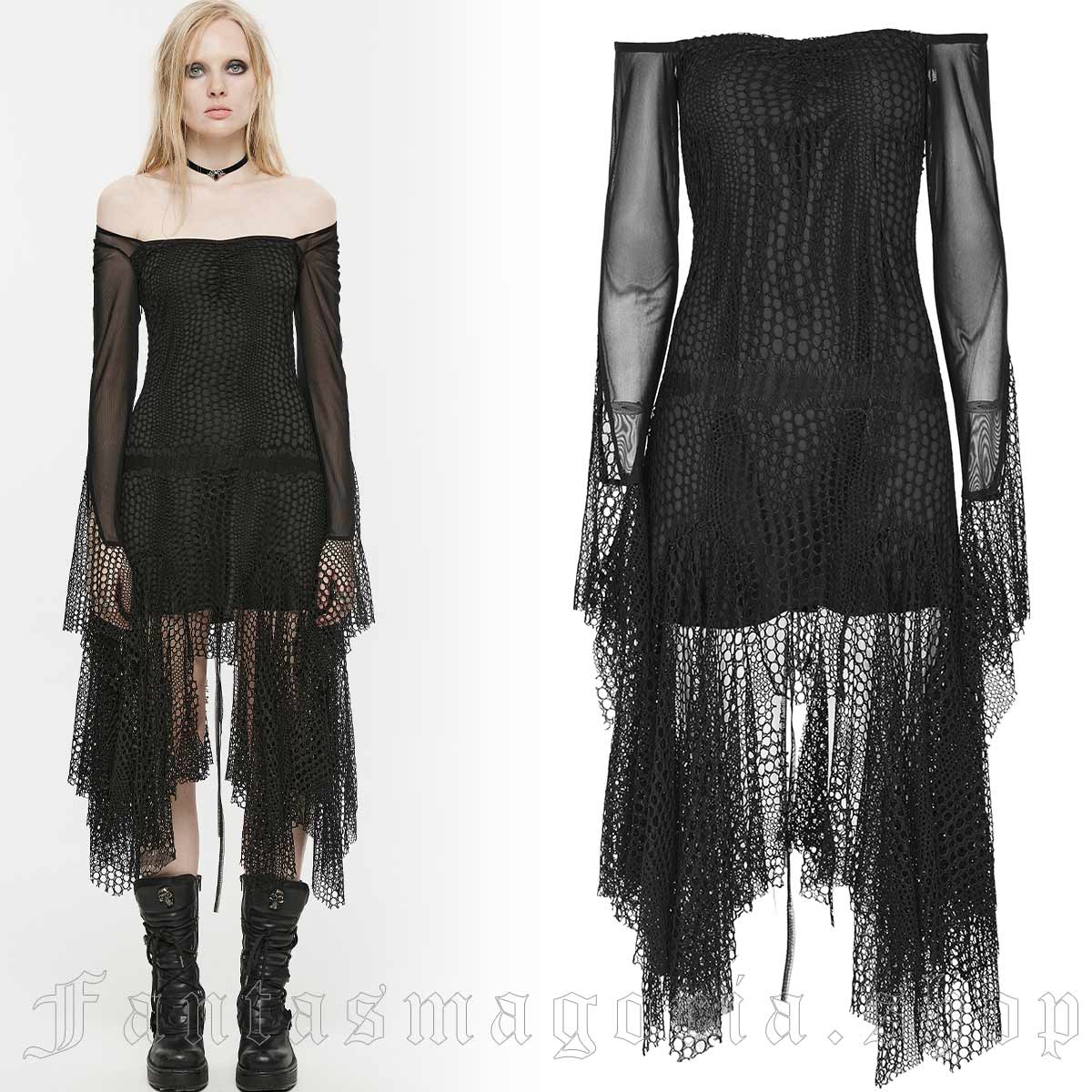 Women's Gothic black midi length off-shoulder long sleeve wide mesh overlay hanky hem dress. - Punk Rave - OPQ-1365/BK