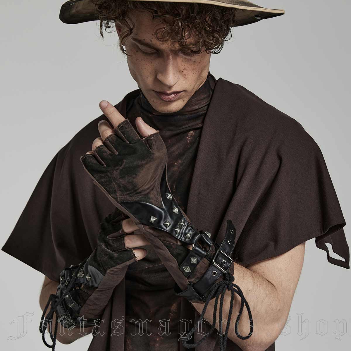 Men's Punk fingerless O-ring and straps pyramid studs brown and black gloves. - Punk Rave - WS-538DQM/BK-CO
