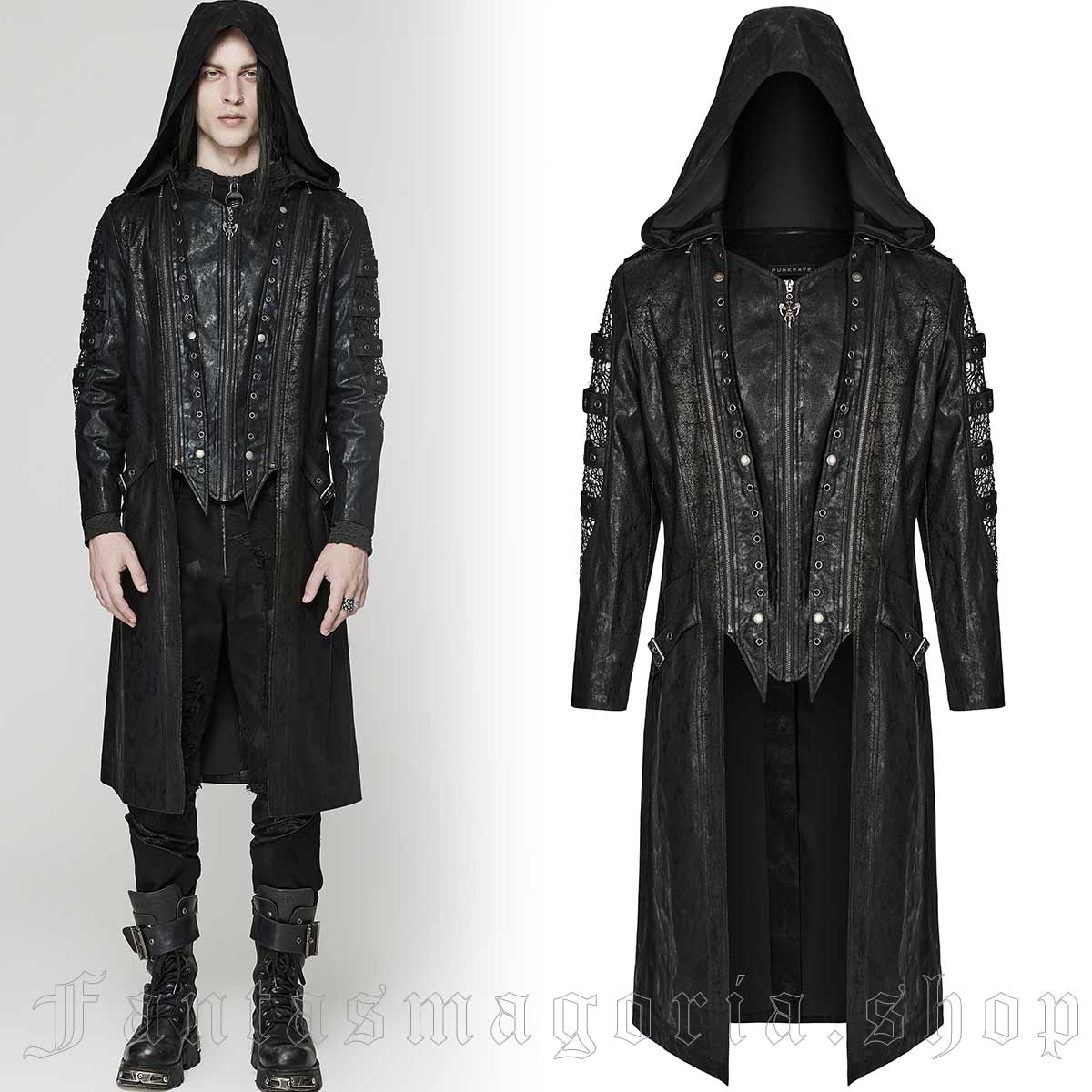 Men's Punk black coated fabric zip-up hooded mesh sleeve detail long jacket. - Punk Rave - WY-1471/BK