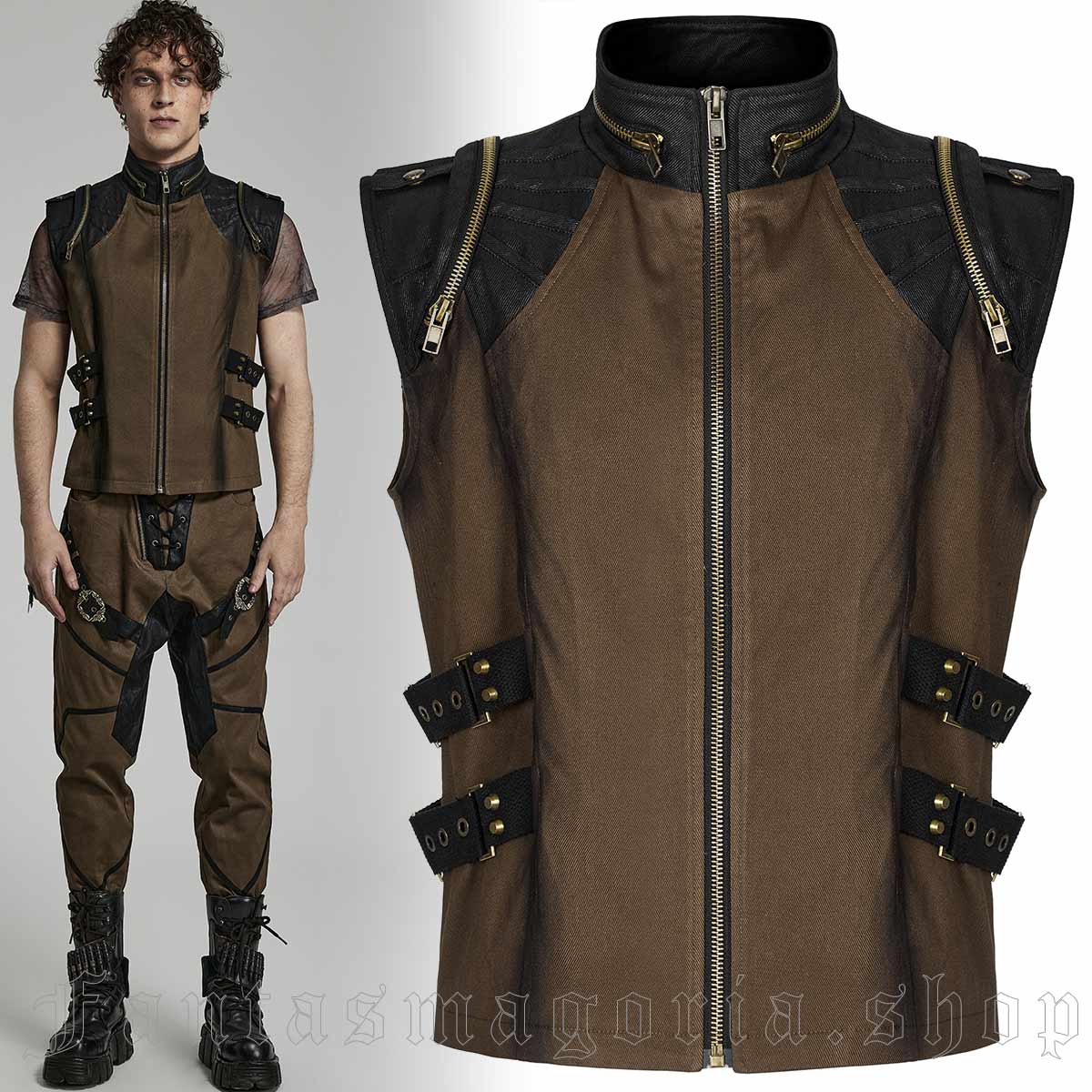 Men's Punk weathered brown shoulder zipper and buckled side strap detail brown vest. - Punk Rave - WY-1478DQM/CO