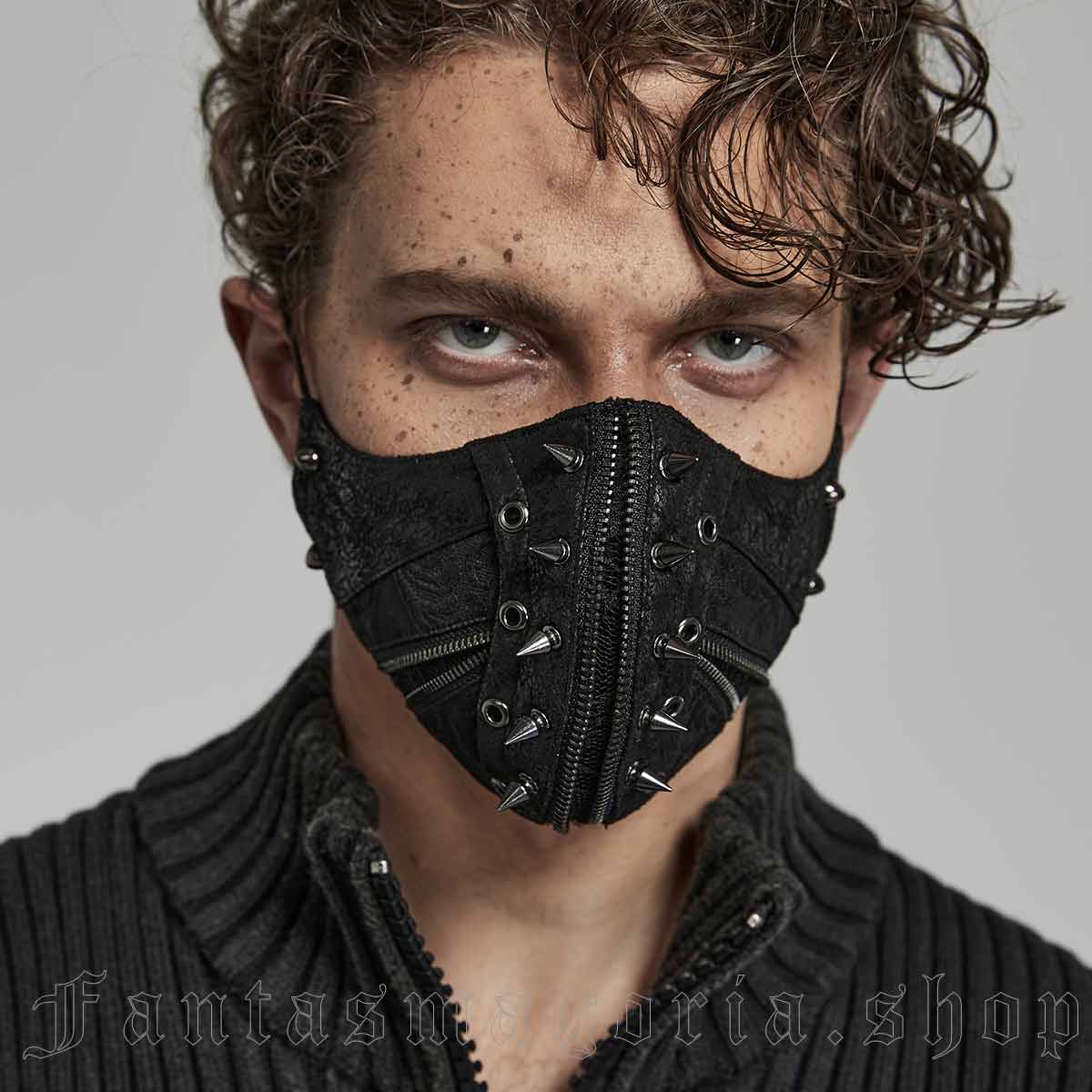Punk black spikes and zippers distressed faux leather finish face mask. - Punk Rave - WS-543/BK