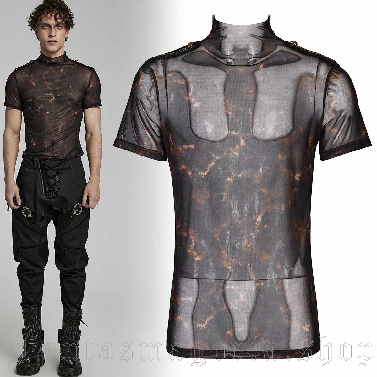 Men's Punk black abstract pattern mesh short sleeve high neck t-shirt top. - Punk Rave - WT-802DQM/BK-CO