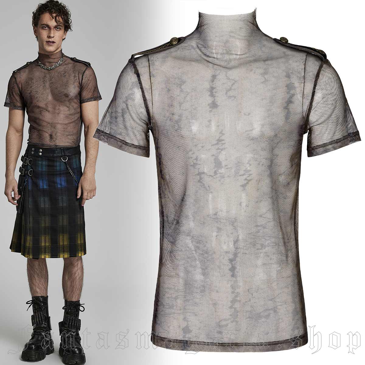 Men's Punk black abstract pattern mesh short sleeve high neck t-shirt top. - Punk Rave - WT-802TDM/CO