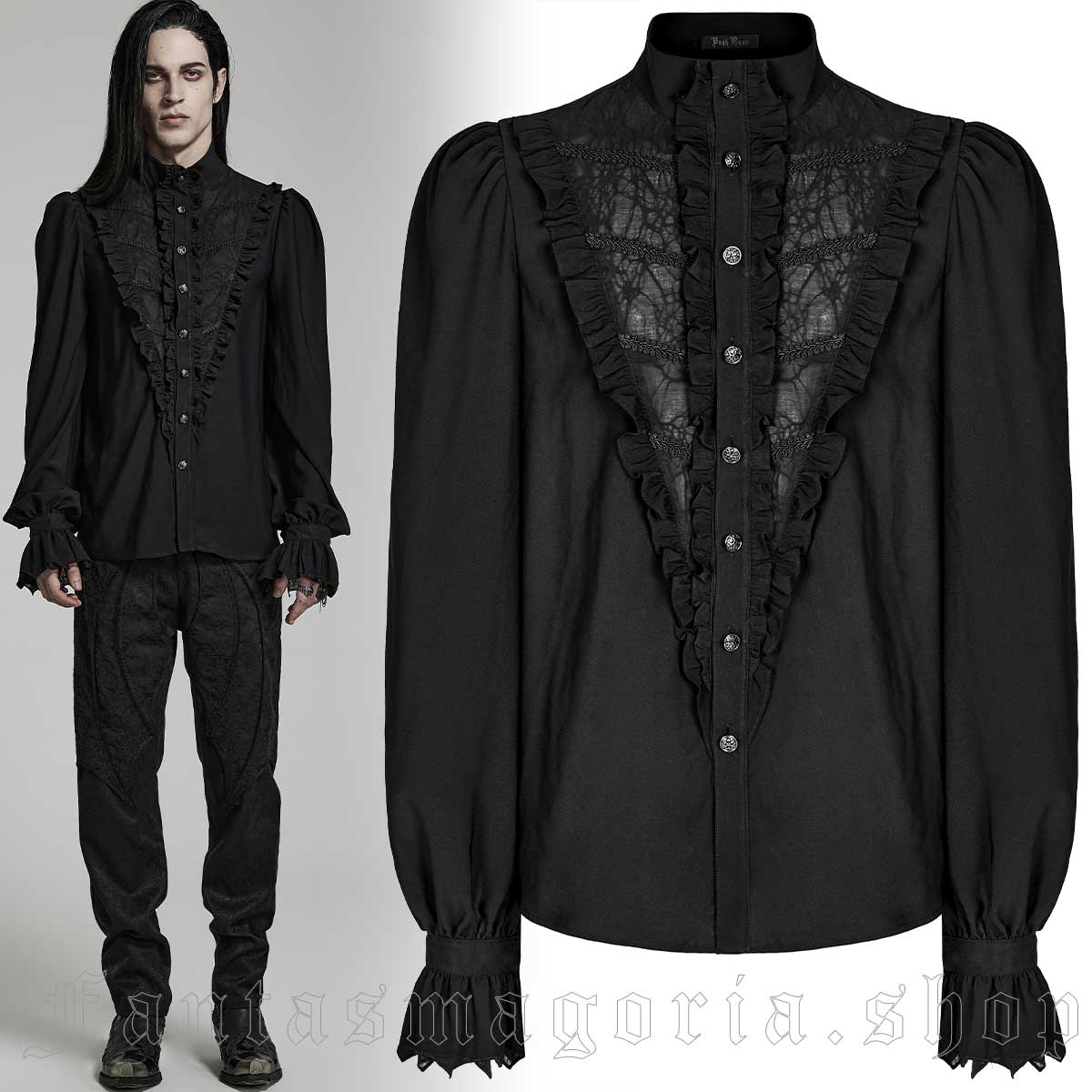 Men's Romantic Gothic black frill detail front button-up long-sleeve shirt. - Punk Rave - WY-1486/BK