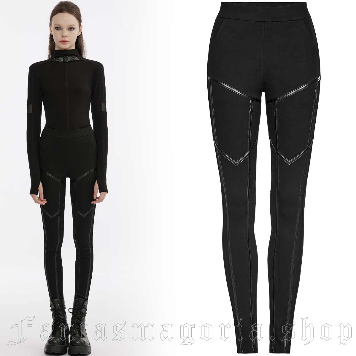 Women's Gothic black geometric line leg detail leggings. - Punk Rave - OPK-497/BK