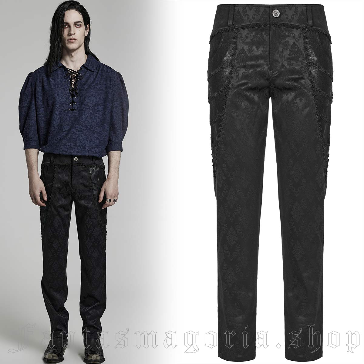Men's Gothic black ornate jacquard slim fit trousers. - Punk Rave - WK-560/BK